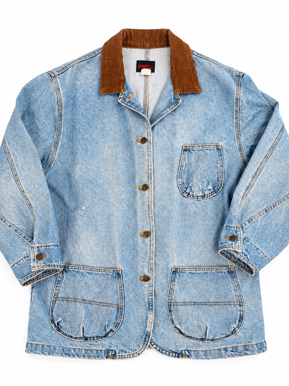 VINTAGE! Sunbelt Blue Denim Chore/Work Jacket w/Brown Collar 100% Cotton